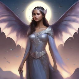 A female Aasimar with majestic bat wings