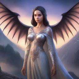 A female Aasimar with majestic bat wings