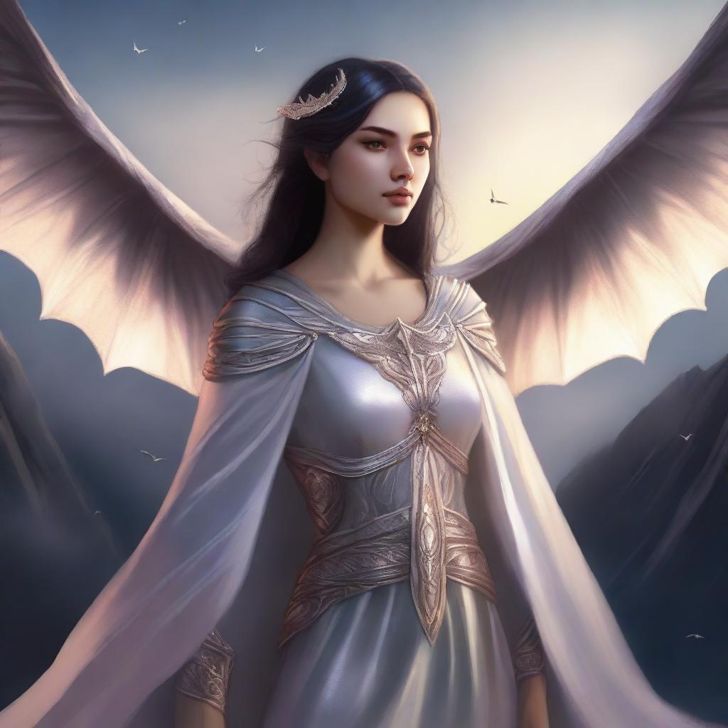 A female Aasimar with majestic bat wings