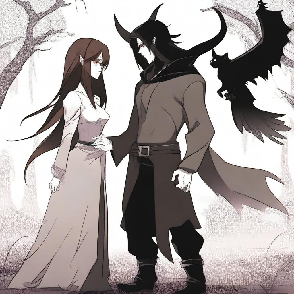 A fantasy scene depicting a hate-to-love relationship between an adult female witch and a male demon set in a training ground