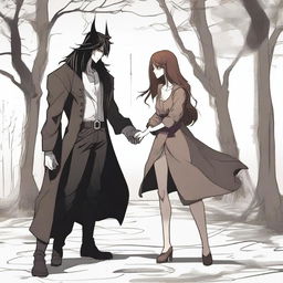 A fantasy scene depicting a hate-to-love relationship between an adult female witch and a male demon set in a training ground