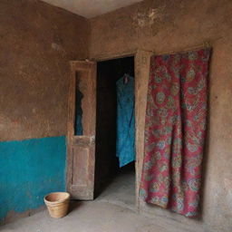 A quaint tailor shop interior with a vibrant Ankara cloth hanging prominently near the beautifully textured wall.