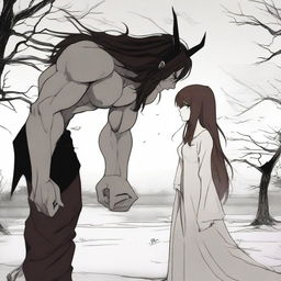 A fantasy scene depicting a hate-to-love relationship between an adult female witch and a male demon set in a training ground