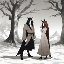 A fantasy scene depicting a hate-to-love relationship between an adult female witch and a male demon set in a training ground