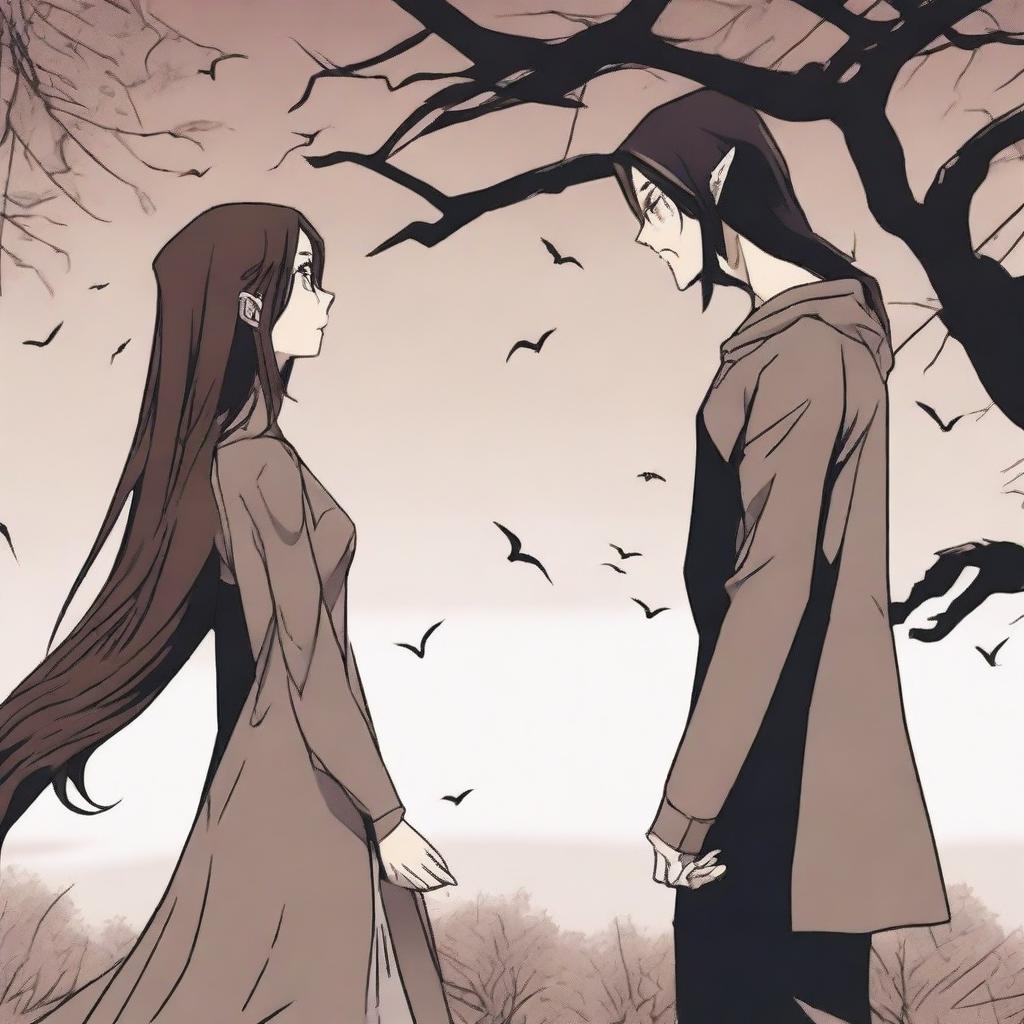 An animated scene depicting a hate-to-love relationship between an adult female witch and a male demon