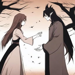 An animated scene depicting a hate-to-love relationship between an adult female witch and a male demon