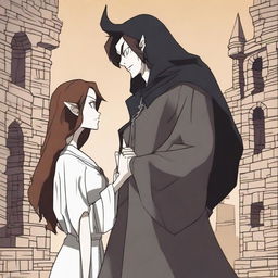 An animated scene depicting a 'hate to love' relationship between an adult female witch and a male demon