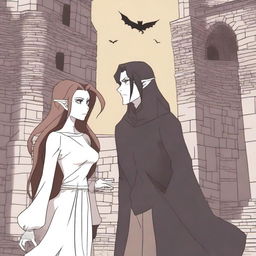 An animated scene depicting a 'hate to love' relationship between an adult female witch and a male demon