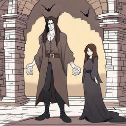 An animated scene depicting a 'hate to love' relationship between an adult female witch and a male demon