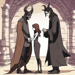 An animated scene depicting a 'hate to love' relationship between an adult female witch and a male demon