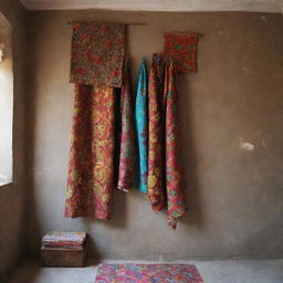 A quaint tailor shop interior with a vibrant Ankara cloth hanging prominently near the beautifully textured wall.