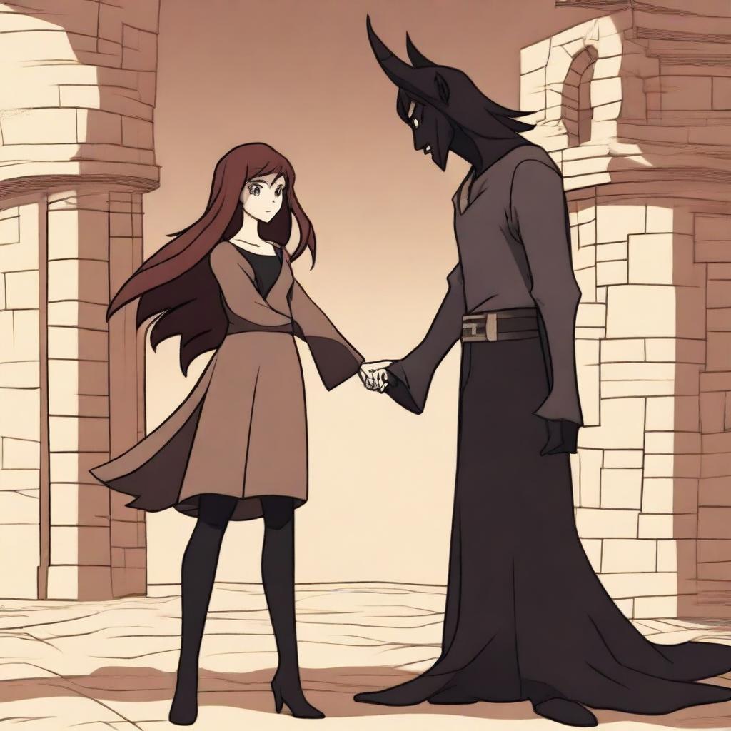 An animated scene depicting a 'hate to love' relationship between an adult female witch and a male demon in human form