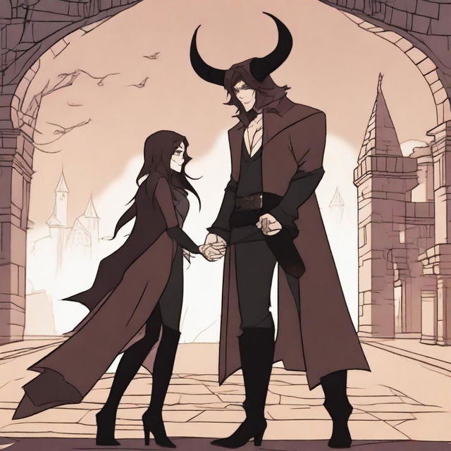 An animated scene depicting a 'hate to love' relationship between an adult female witch and a male demon in human form