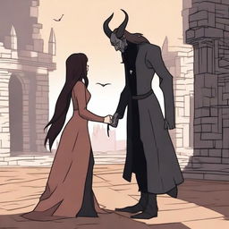 An animated scene depicting a 'hate to love' relationship between an adult female witch and a male demon in human form