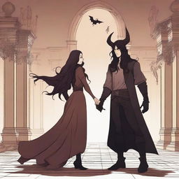 A fantasy scene depicting a hate-to-love relationship between an adult female witch and a male demon in human form