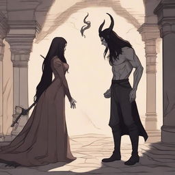 A fantasy scene depicting a hate-to-love relationship between an adult female witch and a male demon in human form