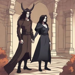 A fantasy scene depicting a hate-to-love relationship between an adult female witch and a male demon in human form