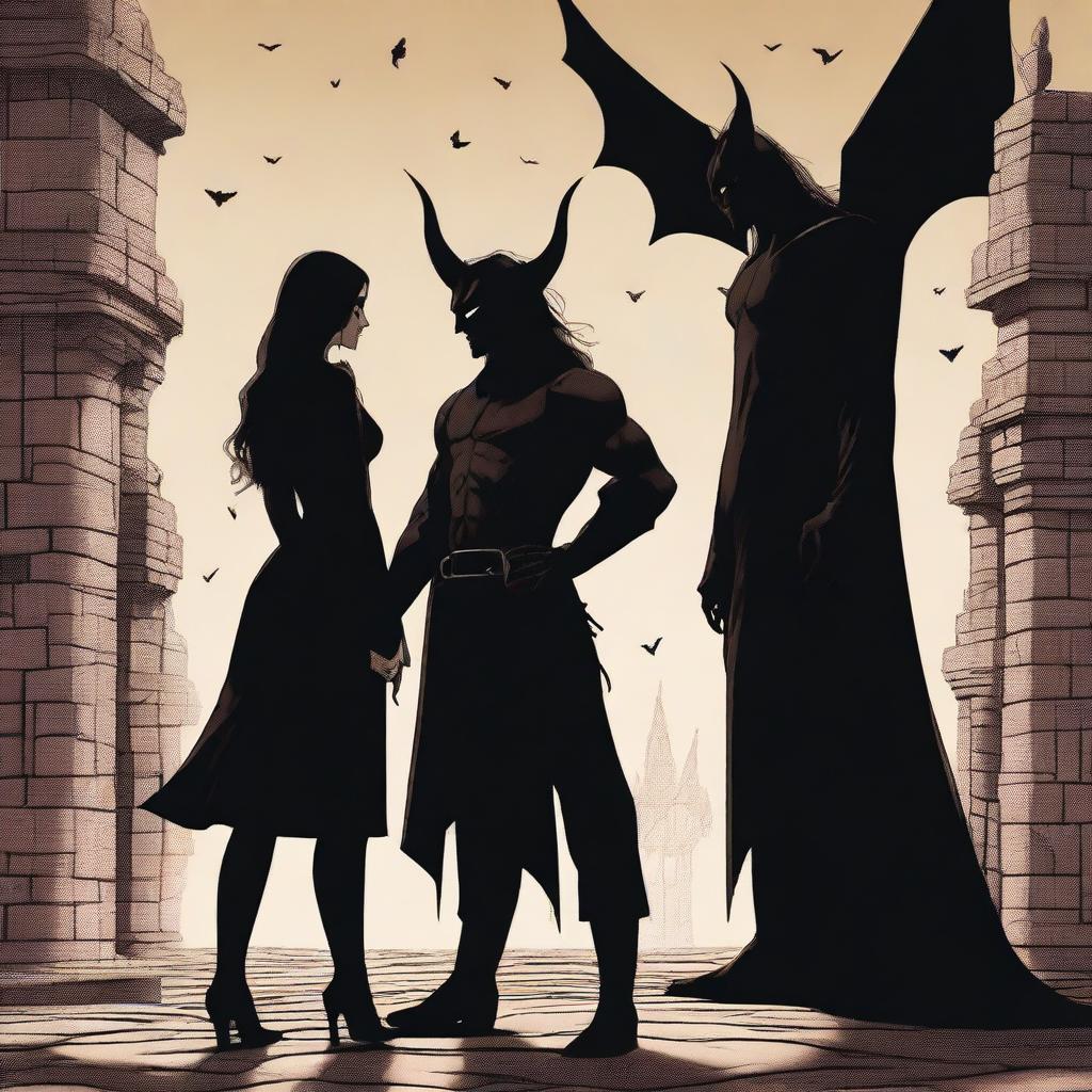 A surrealistic scene depicting a rivals-to-lovers relationship between an adult female witch and a male demon in human form, training together on the castle grounds