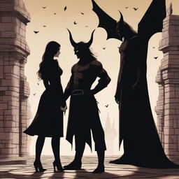 A surrealistic scene depicting a rivals-to-lovers relationship between an adult female witch and a male demon in human form, training together on the castle grounds