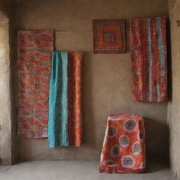 A quaint tailor shop interior with a vibrant Ankara cloth hanging prominently near the beautifully textured wall.