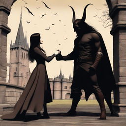 A surrealistic scene depicting a rivals-to-lovers relationship between an adult female witch and a male demon in human form, training together on the castle grounds