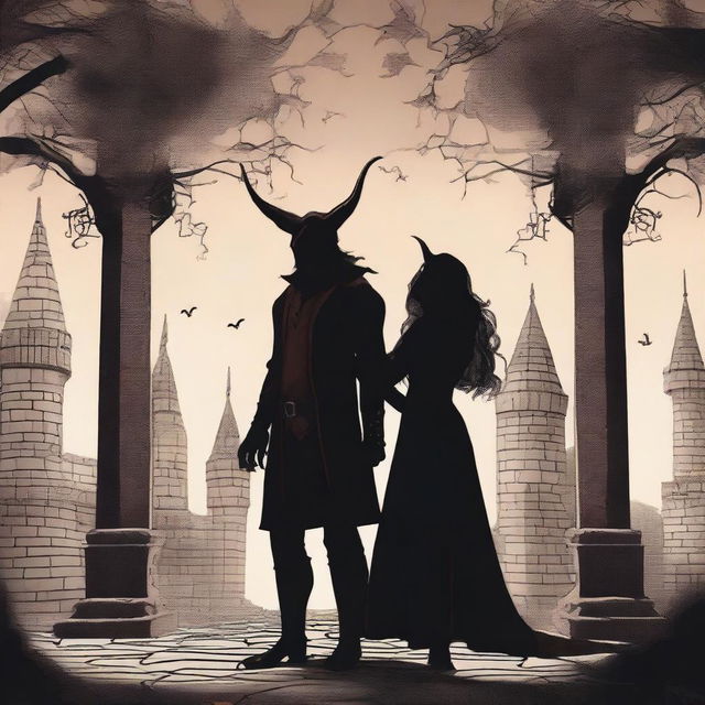 A surrealistic scene depicting a rivals-to-lovers relationship between an adult female witch and a male demon in human form, training together on the castle grounds