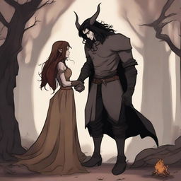 A fantasy scene depicting a 'rivals to lovers' story between an adult female witch and a male demon in human form