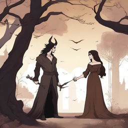 A fantasy scene depicting a 'rivals to lovers' story between an adult female witch and a male demon in human form