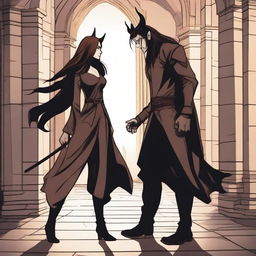 A modern fantasy scene depicting a 'rivals to lovers' story between an adult female witch and a male demon in human form