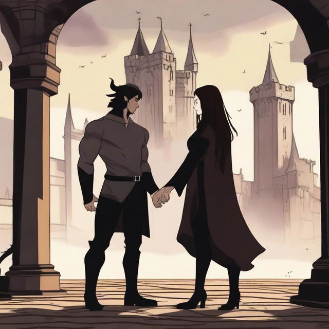 A modern fantasy scene depicting a 'rivals to lovers' story between an adult female witch and a male demon in human form