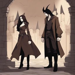 A modern fantasy scene depicting a 'rivals to lovers' story between an adult female witch and a male demon in human form