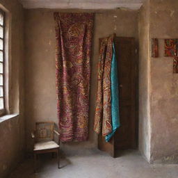 A quaint tailor shop interior with a vibrant Ankara cloth hanging prominently near the beautifully textured wall.