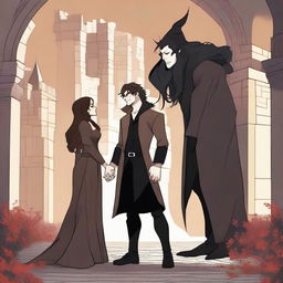 A modern fantasy scene depicting a 'rivals to lovers' story between an adult female witch and a male demon in human form