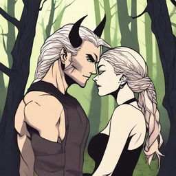 A modern fantasy scene depicting a rivals-to-lovers relationship between an adult female witch and a male demon in human form