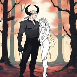A modern fantasy scene depicting a rivals-to-lovers relationship between an adult female witch and a male demon in human form