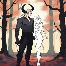 A modern fantasy scene depicting a rivals-to-lovers relationship between an adult female witch and a male demon in human form