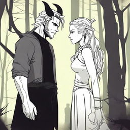 A modern fantasy scene depicting a rivals-to-lovers relationship between an adult female witch and a male demon in human form