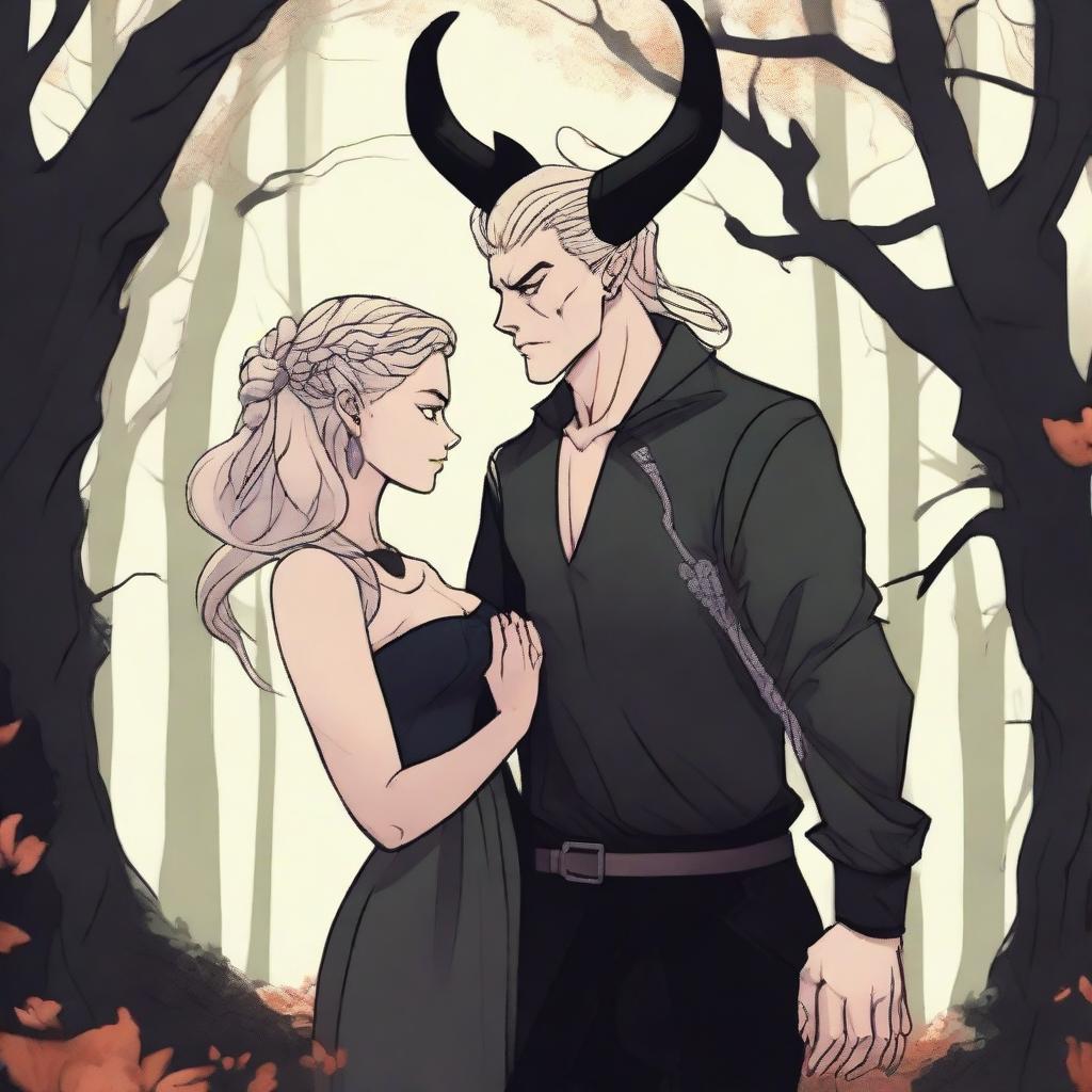 A modern fantasy scene depicting a rivals-to-lovers relationship between an adult female witch and a male demon in human form