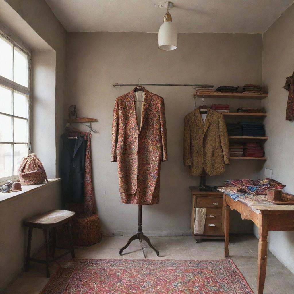 A tailor studio with Ankara clothes prominently displayed on a hanger near the wall. The space is filled with various tailoring tools and highlighted by natural lighting.