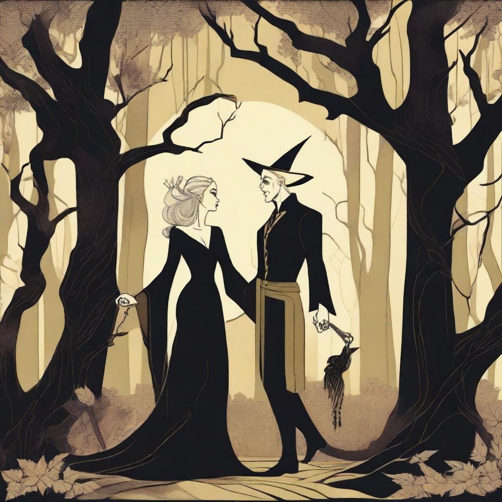 An art deco style scene depicting a rivals-to-lovers romance between an adult female witch and a male demon in human form