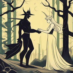 An art deco style scene depicting a rivals-to-lovers romance between an adult female witch and a male demon in human form