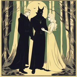 An art deco style scene depicting a rivals-to-lovers romance between an adult female witch and a male demon in human form