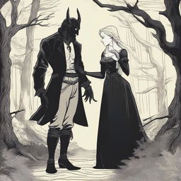 An old-times setting depicting a forbidden romance between an adult female witch and a male demon in human form