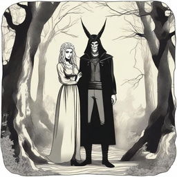 An old-times setting depicting a forbidden romance between an adult female witch and a male demon in human form