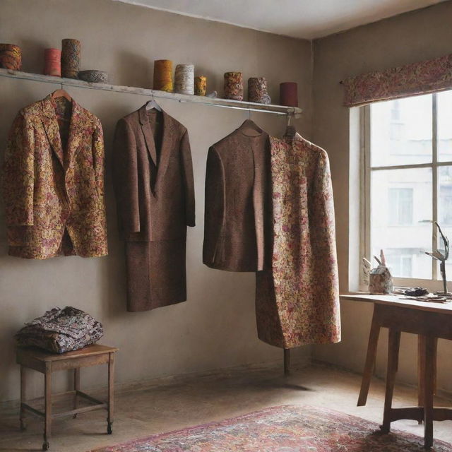 A tailor studio with Ankara clothes prominently displayed on a hanger near the wall. The space is filled with various tailoring tools and highlighted by natural lighting.