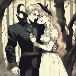 An old-times setting depicting a forbidden romance between an adult female witch and a male demon in human form