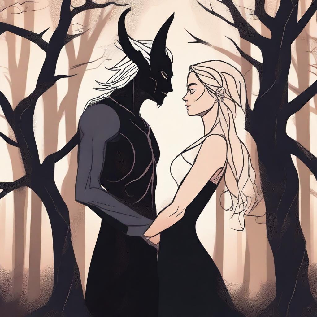 An abstract depiction of a forbidden romance between an adult female witch and a male demon in human form