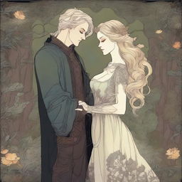 An Art Nouveau style depiction of a forbidden romance between an adult female witch and a male demon in human form