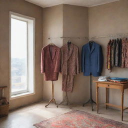 A tailor studio with Ankara clothes prominently displayed on a hanger near the wall. The space is filled with various tailoring tools and highlighted by natural lighting.