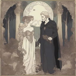 An Art Nouveau style depiction of a forbidden romance between an adult female witch and a male demon in human form